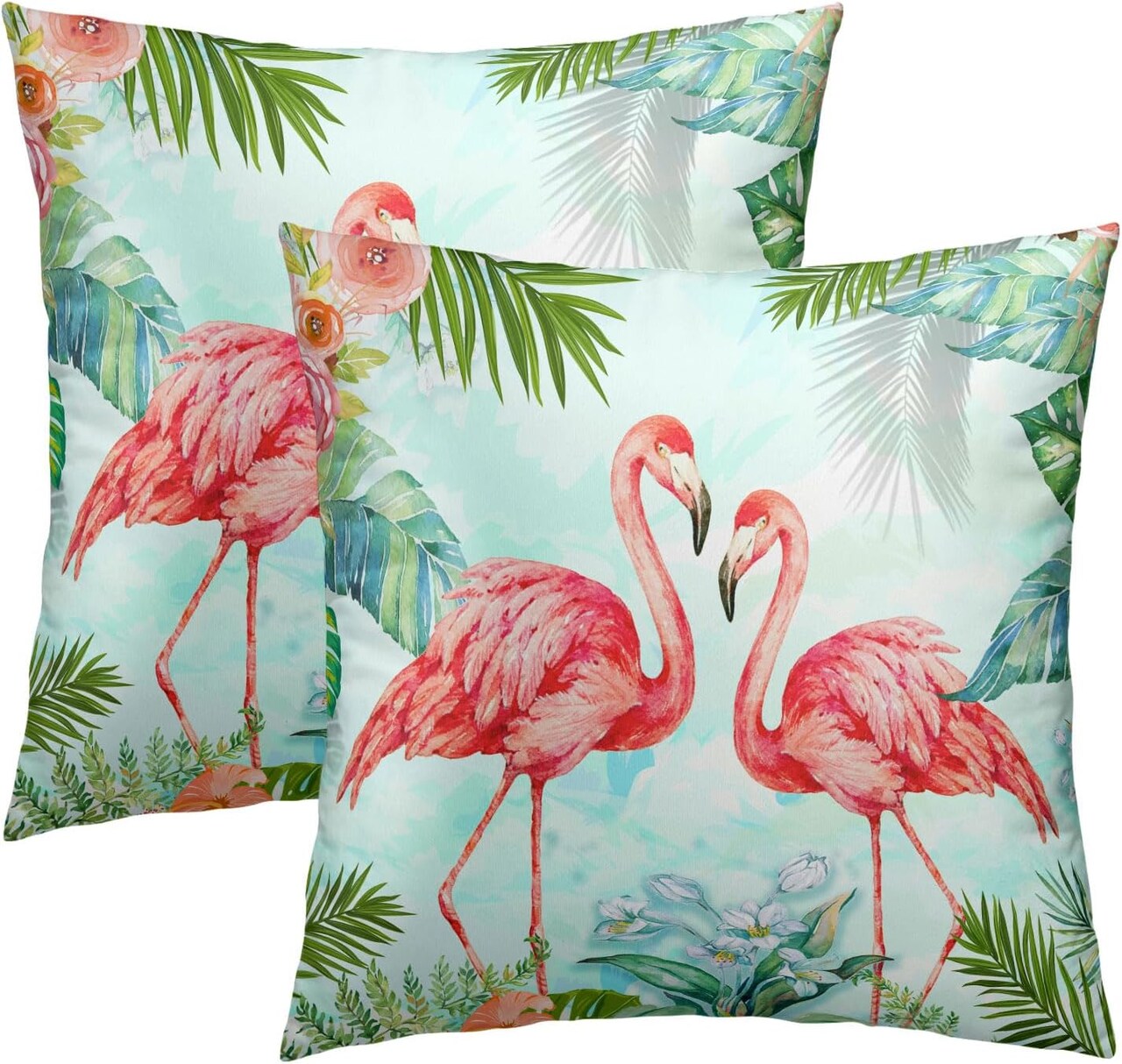 Throw Pillow Covers 18x18 Inch Pink Bird Flowers Home Decorative Pillowcase Tropical Leaves Cushion Cover for Indoor Outdoor Living Room Sofa Bedroom,Set of 2